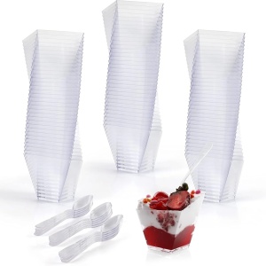 Set 100 Mini Cupe pentru Desert, Belle Vous, cu 100 de ligurinte, Reutilizabile, 60 ml, Plastic, Transparent, Resigilat, Grad A
