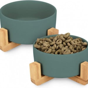 Set 2 boluri de hranire pentru animale de companie Navaris, bambus/ceramica, natur/verde inchis, 9,5 x 16 cm