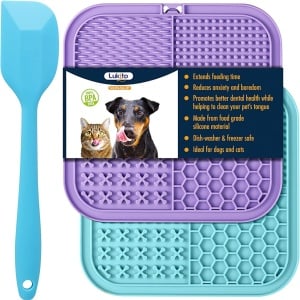 Set 2 covorase de hranire si o spatula pentru animale Lukito, silicon, albastru/violet