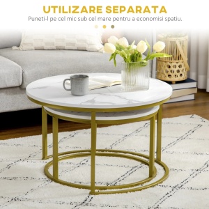 Set 2 masute de cafea rotunde stivuibile, otel/placi aglomerate 15mm, masa mare Ø74x46.3cm + masa mica Ø59x38.5cm, capacitate 15kg/masa, picioare reglabile, alb/auriu - Verificat A · Re-Bloom - Img 6
