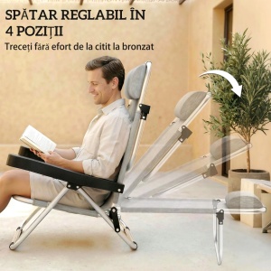 Set 2 sezlonguri pliabile reclinabile 62x61x80 cm, cadru aluminiu, textilena, tetiera inclusa, capacitate 120 kg, gri - Verificat A · Re-Bloom - Img 3