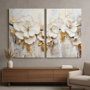 Set 2 tablouri decorative canvas model floral, 2x80x120 cm, panza/lemn, gri/auriu - Verificat A · Re-Bloom - Img 2