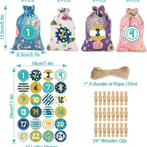 Set 24 saculeti cu stickere, cleme si ata Thexiu, textil/hartie/lemn, multicolor