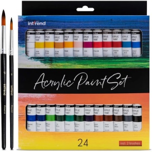 Set 24 Vopsele acrilice int!rend, cu 2 pensule, rezistente la apa pentru hartie, lemn, panza, argila, pietre, ipsos, 12 ml, Resigilat, Grad A