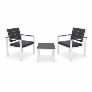 Set 8 x set mobilier gradina Kiwari, masa 52x48x39 cm + 2 scaune 62.5x64x78 cm, plastic/cadru metalic, perne incluse, gri/alb