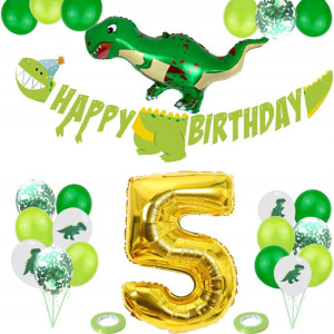 Set aniversar pentru 5 ani MUUGIY, latex/folie, verde/alb/auriu, 27 piese