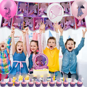 Set aniversar pentru copii Nesloonp, alb/mov/roz, latex/hartie, 30 piese - Img 4