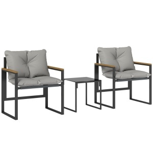 Set bistro 3 piese gradina, masa 40x40x40 cm si 2 scaune 64x62x68 cm, cadru metal antirugina, textilena, perne 10 cm, blat sticla calita, negru si teak - Verificat A · Re-Bloom