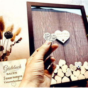 Set de carte de oaspeti cu 100 inimioare, tabla si cutie Neamon, lemn/hartie/acril, natur/maro inchis, 38,6 x 30,9 cm