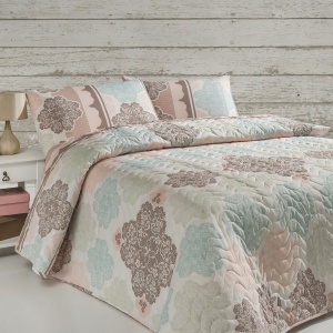Set cuvertura matlasata + 2 fete de perna, 65% bumbac/35% poliester, 240x220 cm + 2x60x60 cm, umplutura fibra 100%, 260g/m², lavabil 30°C, multicolor - Verificat A · Re-Bloom