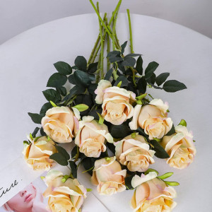 Set de 10 trandafiri artificiali Hawesome, matase/plastic, galben malt/verde, 54 cm - Img 4