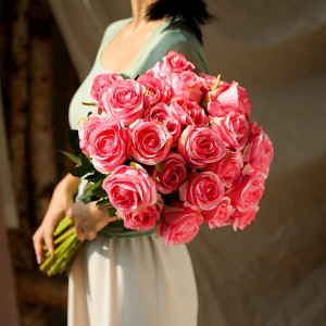 Set de 10 trandafiri artificiali Hawesome, matase/plastic, verde/roz 54 cm - Img 5