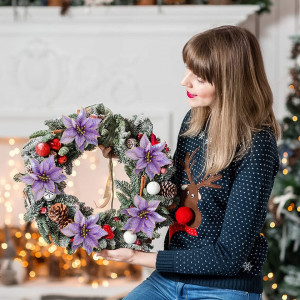 Set de 12 flori artificiale de Craciun NOVELTY GIFTS1, textil, mov, 13 cm - Img 3