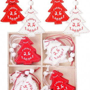 Set de 12 ornamente pentru brad Anyingkai, lemn, alb/rosu, 5 x 5,7 cm - Img 1