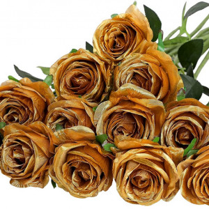 Set de 12 trandafiri artificiali Hawesome, matase/plastic, auriu/verde, 52 x 7 cm - Img 1