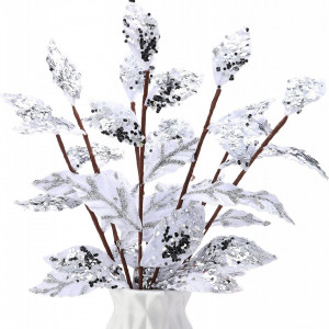 Set de 15 crengute cu frunze decorative Geosar, metal/matase, alb/argintiu, 34 x 10 cm