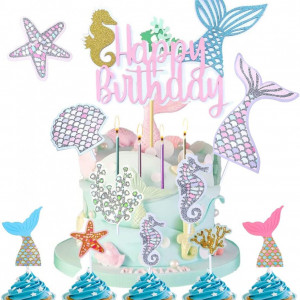 Set de 17 decoratiuni pentru tort Yitla, hartie, multicolor, model sirena