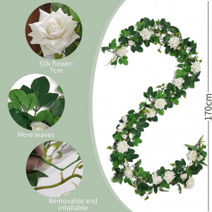 Set de 2 ghirlande de trandafiri artificiali Anforsun, plastic/matase, alb/verde, 1,7 m - Img 7