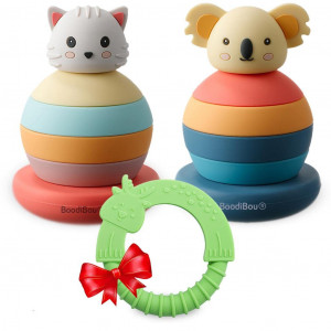 Set de 2 jucarii educationale Montessori BoodiBou, silicon, multicolor, 13 x 8,8 cm 