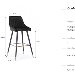 Set de 2 scaune de bar Glam negru, catifea, 51x53x106 cm - Img 4