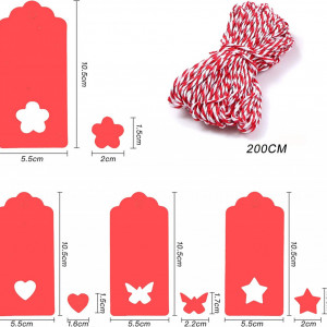 Set de 200 etichete si sfoara pentru cadouri WIWJ, hartie/textil, rosu, 10,5 x 5,5 cm / 1,5 x 2 cm / 200 m - Img 6