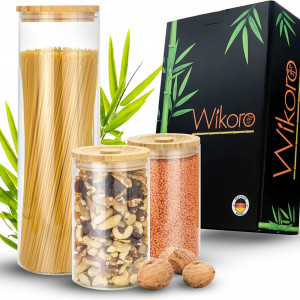 Set de 3 recipiente pentru alimente Wikoro, sticla/bambus, transparent/natur