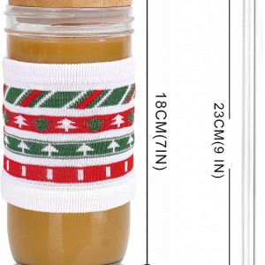 Set de 4 cani de cafea cu capac si manson pentru Craciun ANOTION , sticla/bambus/textil, multicolor, 8 x 18 cm - Img 7