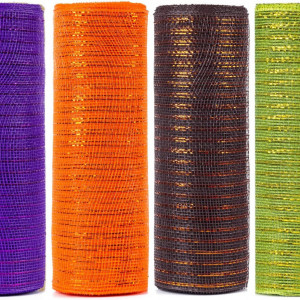 Set de 4 role de plasa pentru decoratiuni RUSPEPA, negru/portocaliu/violet/verde, poliester, 25,4 cm x 9,14 m - Img 5
