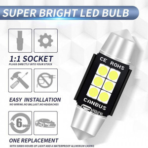 Set de 6 becuri LED C5W pentru Festoon DE3175 DE3021 DE3022 Kairiyard, 1,8 W, 3,3 x 1 cm - Img 4
