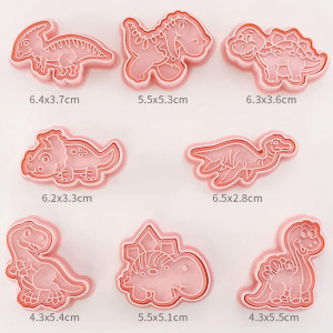 Set de 8 forme pentru biscuiti YGCHEN, tematica dinozauri, plastic, roz, 4-6,5 cm - Img 7