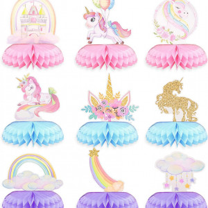 Set de 9 decoratiuni de petrecere TULEBOLIAN, model fagure Unicorn, hartie, multicolor - Img 1