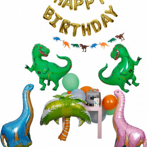 Set de baloane pentru aniversare Matissa, model dinozaur, folie, multicolor, 6 piese