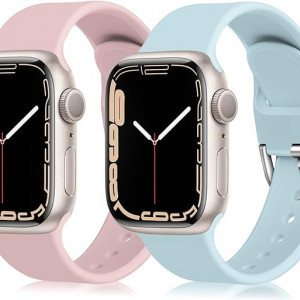 Set de doua bratari pentru Apple Watch Chinbersky, silicon, albastru/roz, 42/44/45 mm
