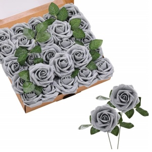 Set de flori artificiale Asyouwish, 25 piese, spuma, gri/verde, 8 x 26 cm