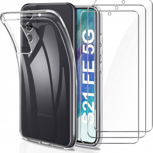 Set de husa si 3 folii de protectie pentru Samsung Galaxy S21 FE 5G YNMEacc, silicon/sticla securizata, transparent, 6,4 inchi - Img 1