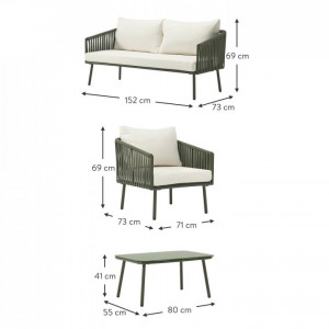 Set de mobilier pentru gradina Malo, 2 fotolii, canapea si o masa, aluminiu/sticla/poliester, alb/verde - Img 8