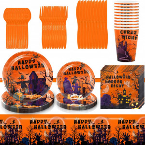 Set de tacamuri pentru petrecere Halloween Miotlsy, carton/polietilena, portocaliu, 81 piese, 10 persoane - Img 4