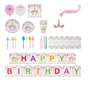 Set de tacamuri pentru petrecere Softec, hartie, multicolor, model unicorn, 16 persoane, 114 bucati