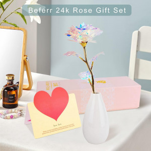 Set de trandafir 24K, vaza si felicitare Beferr, plastic/ceramica/hartie, multicolor, 25 cm - Img 4