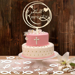 Set decoratiune pentru tort si 45 pestisori LIVESTN, lemn, alb/auriu