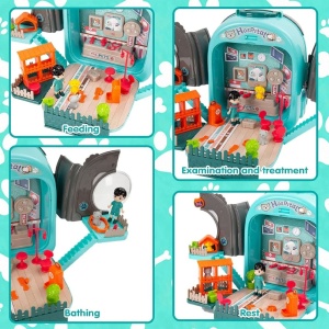 Set ghiozdan jucarie 3 in 1 Rovo 998-1, Spital Catel, Veterinar, 59 piese - Albastru - Img 6