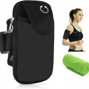 Set husa de telefon tip banderola pentru alergare/antrenament si prosop CYchen, nailon, negru/verde, compatibil cu telefoanele de pana la 6,5 inchi - Img 1