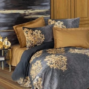 Set husa pilota + 2 fete de perna, satin bumbac 100%, 240x220 cm + 2x60x60 cm, inchidere nasturi, bej/antracit - Verificat A · Re-Bloom
