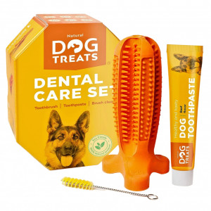 Set ingrijire dentara pentru caini Natural Dog, periuta si pasta de dinti, cauciuc, portocaliu, marimea M