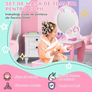 Set masuta de machiaj cu taburet pentru copii Re-Bloom, MDF/acrilic, masa 49x34x90 cm, scaun 26x26x28 cm, oglinda 25x32 cm, varsta 3-8 ani, roz/alb - Verificat A · Re-Bloom - Img 5