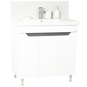 Set mobilier baie GN7561, cu lavoar ceramic, front MDF, 80 cm, 3 usi, 2 rafturi, picioare cromate reglabile, alb/antracit - Img 1