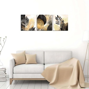 Set tablou decorativ Re-Bloom, 3 piese, lemn/panza, negru/auriu, 30 x 30 cm - Img 3