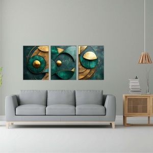 Set tablou decorativ Re-Bloom, 3 piese, MDF, verde/auriu, 40 x 90 cm - Img 2