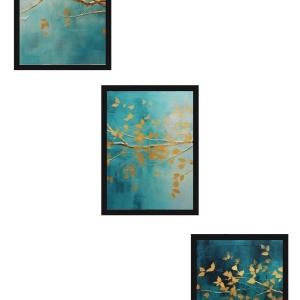 Set tablouri decorative Re-Bloom, 3 piese, MDF/lemn masiv, albastru/auriu, 50 x 70 cm