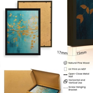 Set tablouri decorative Re-Bloom, 3 piese, MDF/lemn masiv, albastru/auriu, 50 x 70 cm - Img 4